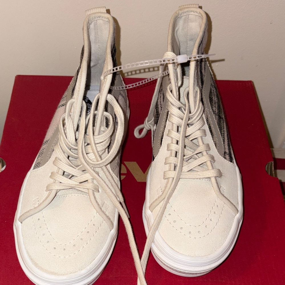 Vans Women's Cream and Black High-Top Sneakers